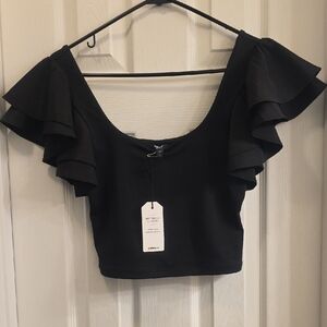 Express Black Ruffle Sleeve Crop Top - Women -Small-